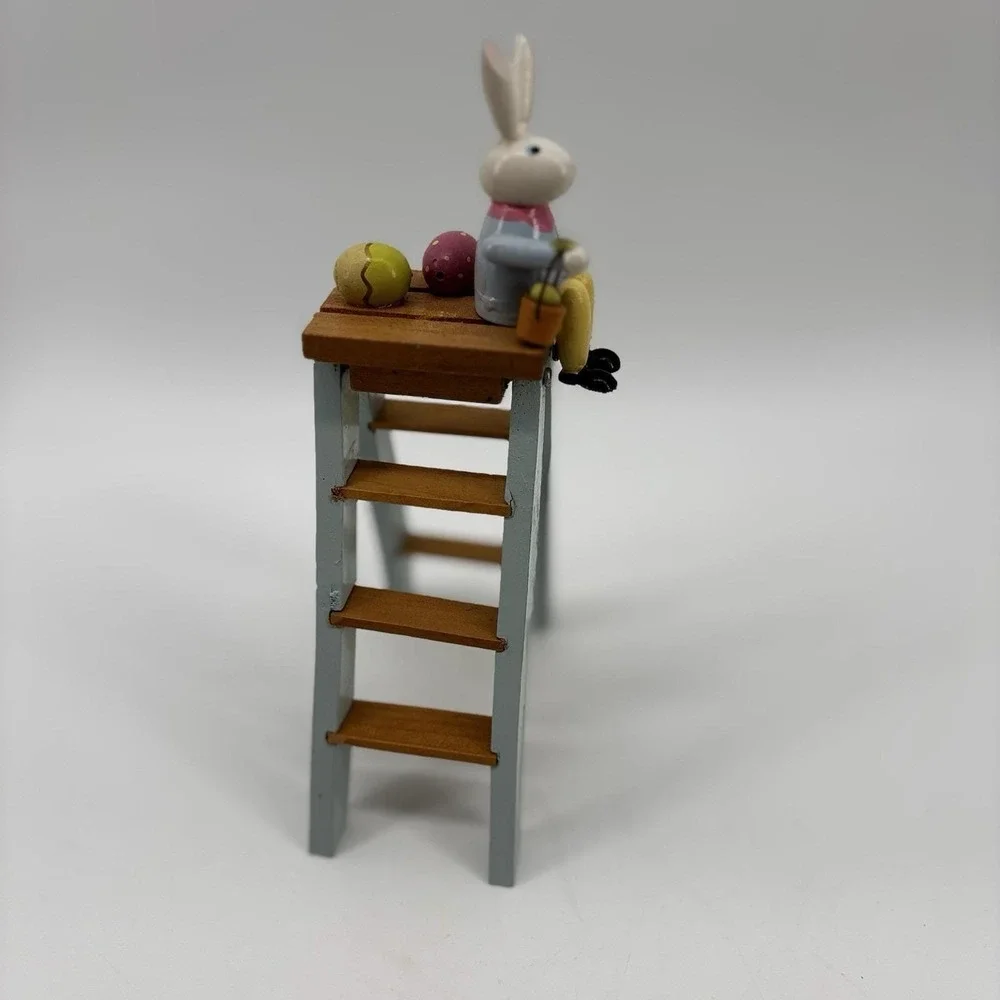 Vintage Erzgebirge Wooden ‎ Easter  Bunny Rabbit on Ladder With Eggs Figurine